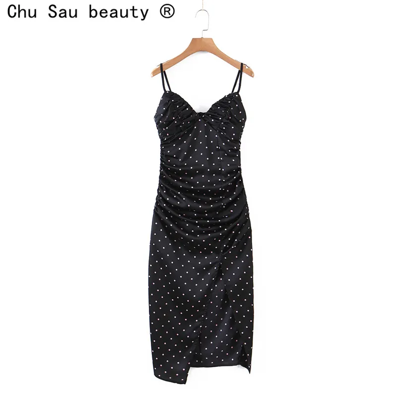 Summer Sexy V-neck Fashion Black Polka Dot Print Split Halter Strap Midi Dress For Women Vestidos De Mujer Casual 210508