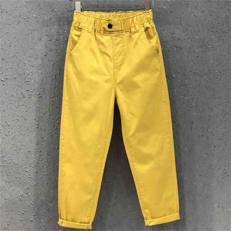 3XL Korean Style Autumn Spring Women's Harem Pants Casual Cotton Jeans Elastic Waist Yellow White Denim for Women 210915