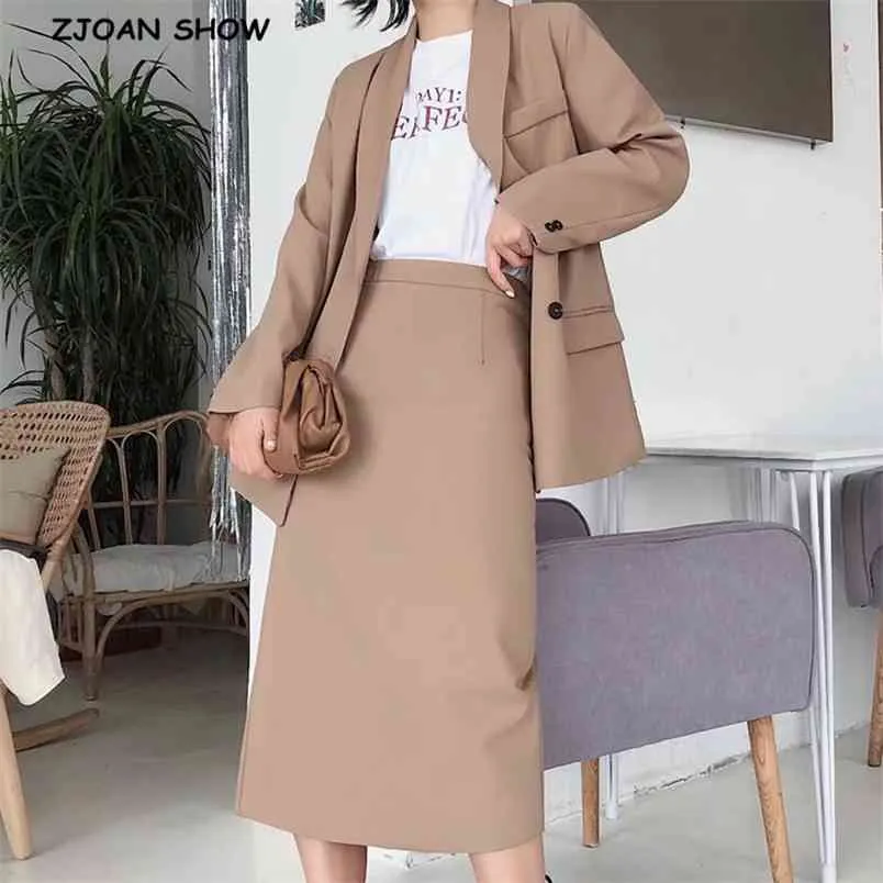 Autumn Double-breasted Button Mid Long Blazer High Waist mid calf Back Slit Skirts OL Women Sleeve Suits 2 Pieces Set 210429