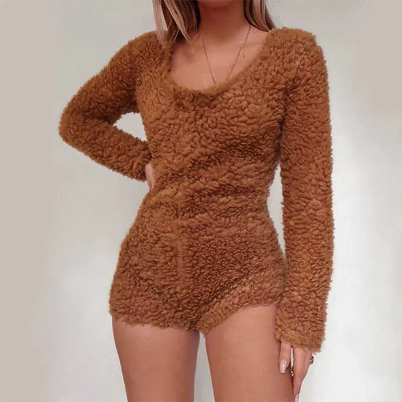 Осень зима Тедди плюшевые женщины Playsuits повседневная вырека с длинным рукавом Slim короткие комбинезоны дамы теплые мягкие Bodycon Furry Rompers 210526