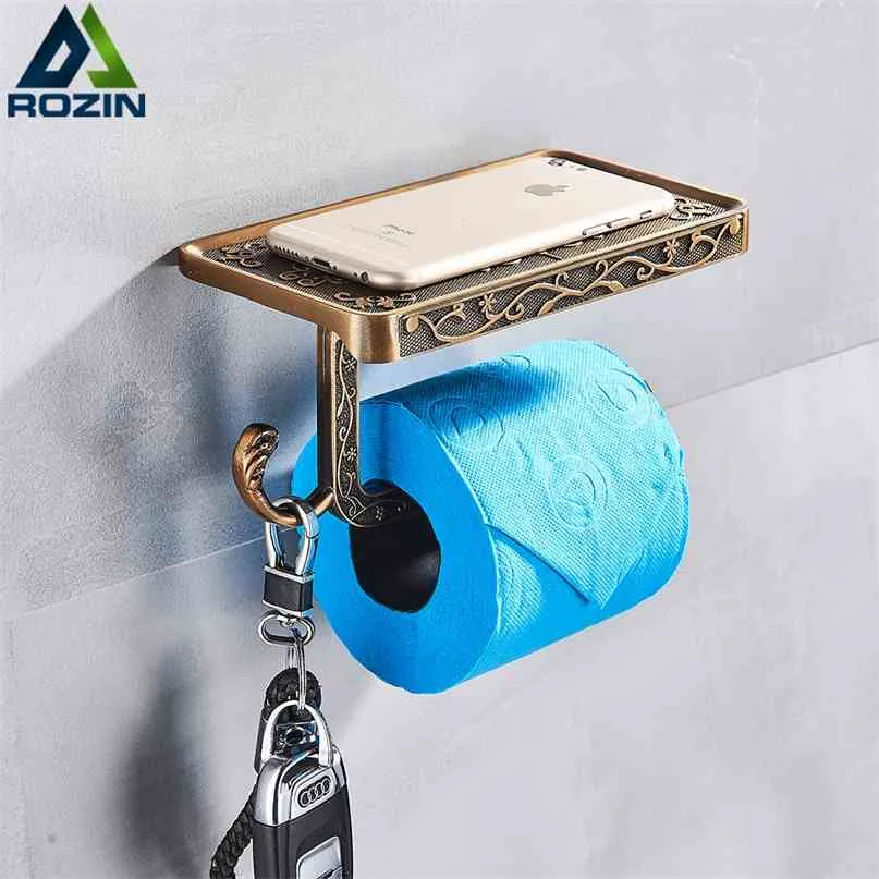 Rozin alliage de Zinc salle de bain porte-papier hygiénique téléphone portable avec étagère porte-serviettes boîte à mouchoirs 210720