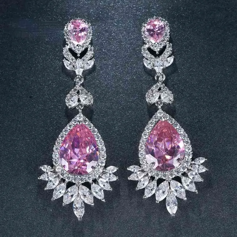 Merk luxe roze 3 kleuren kristal oorbellen peer gesneden lange drop vrouwen bruiloft oorbel met kubieke zirkonia sieraden