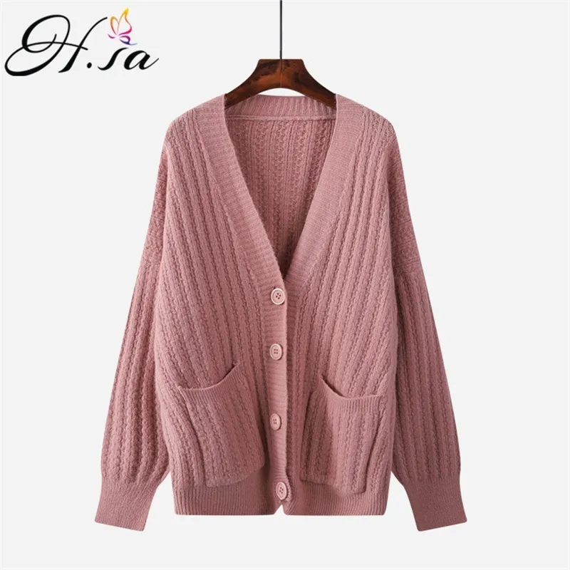 H.SA Marca Mulheres Winter Roupas Casaco Branco Cardigans V Neck Knit Jaquetas Sólidas Jumpers Coreano Camisola Pontões 210417