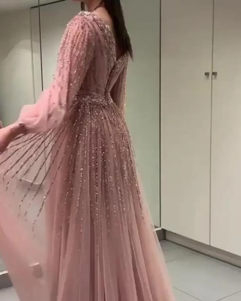 pink formal dress with sleeves Blush Pink Long Flutter-Sleeve Prom Gown A1176 Blush / 2 main image 0