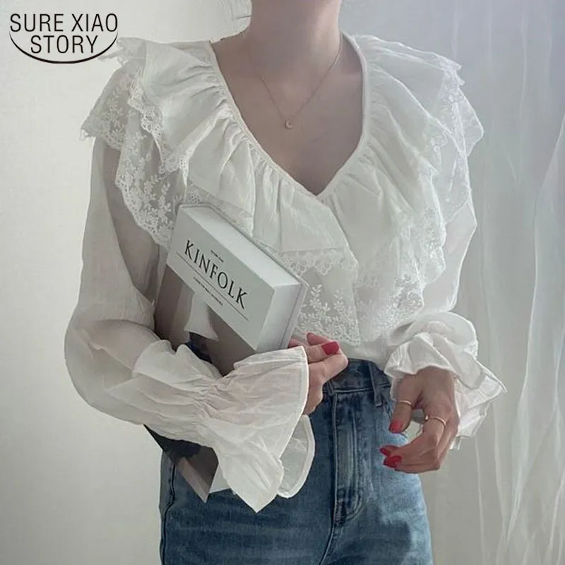 Ruffled V-neck Lace Shirt Women Korean Sweet Long Sleeve Tops and Blouse Office Lady Style Flare Top Female 13976 210508