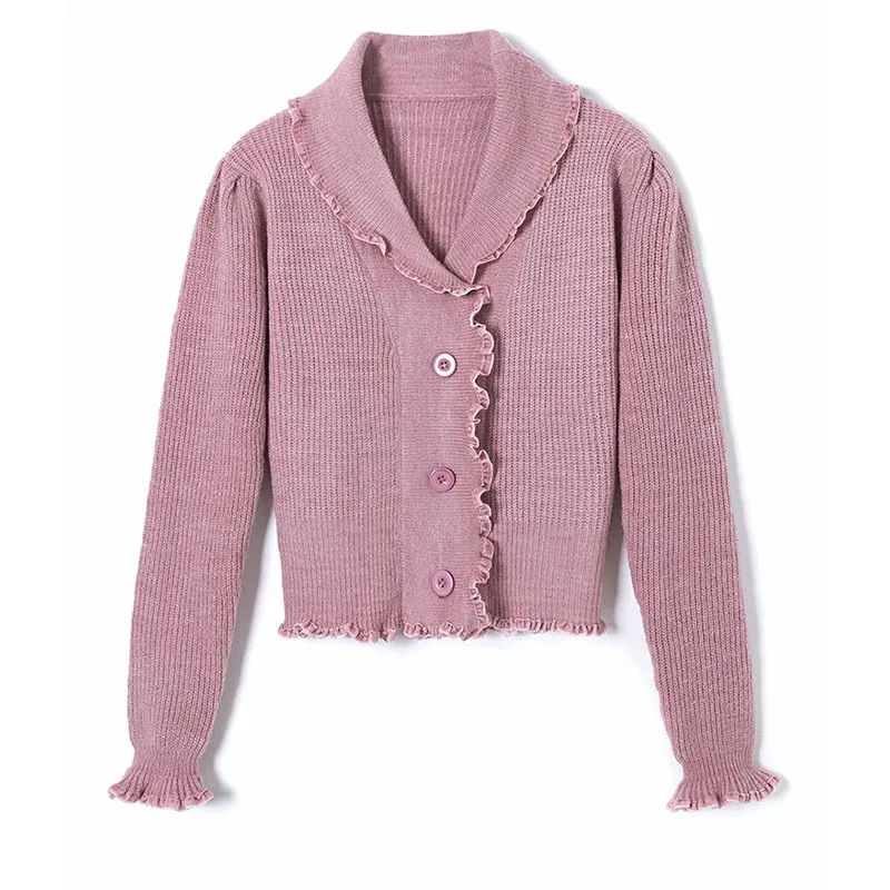 Elegant Pink Splicing Petal Sleeve Sweater Women Single-Breasted Female Short Soft Flexible Knitted Outwear 210520