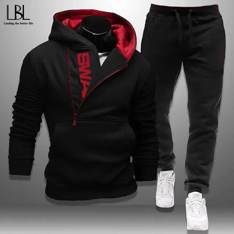 Mens Tracksuits 2 Pieces Set Sweatshirt + Sweatpants Sportkläder Zipper Hoodies Casual Man Kläder Storlek Fashion 211006