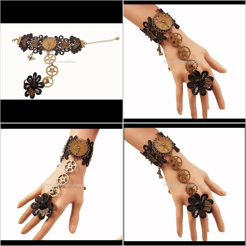 popular new european and american retro black lace bracelet women`s steam engine gear bracelet with