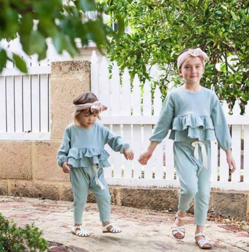 赤ちゃんの女の子の服春の夏の服セット2本の綿のニットロータスリーフレーストップ+パンツ210429