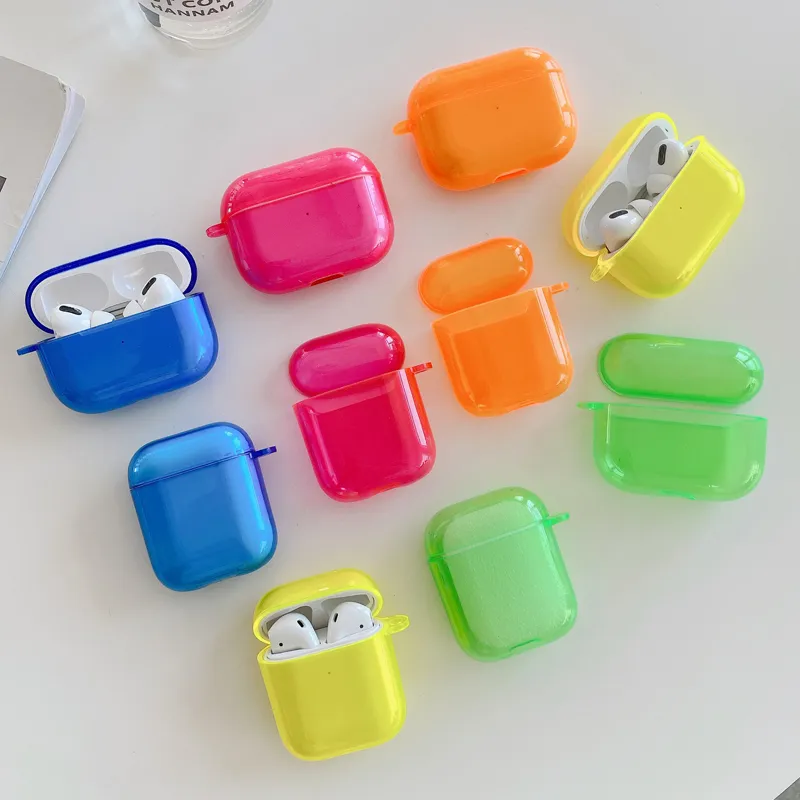 Neon Fluorescent Candy Color Silicone Solid Transparent Soft TPU Gel Wireless Earphone Shockproof Protective Case Anti-drop With Hook For Apple AirPods 1 2 3 Pro