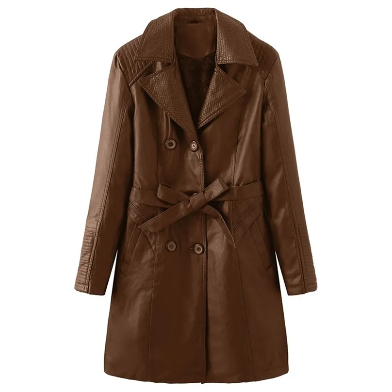中長革コート女性ファッションPUラペルオーバーコートベルトルーズプラスベルベット厚いスリムジャケット女性LR1356 210531