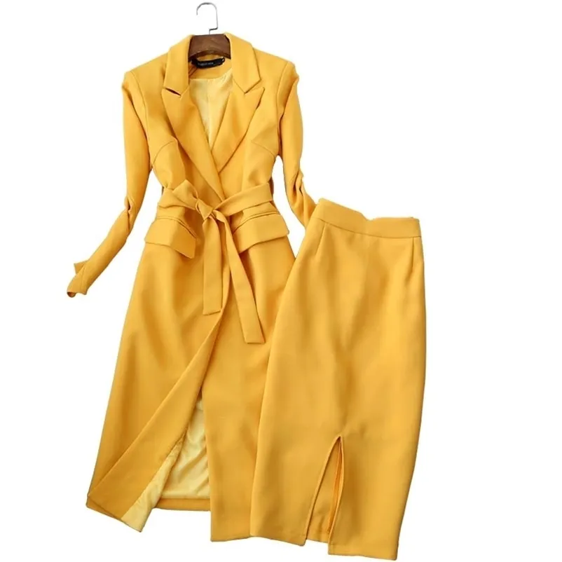 Conjunto de falda de traje de temperamento para mujer de dos piezas Otoño e invierno de alta calidad amarillo chaqueta de abrigo larga para mujer Slim negro 210527