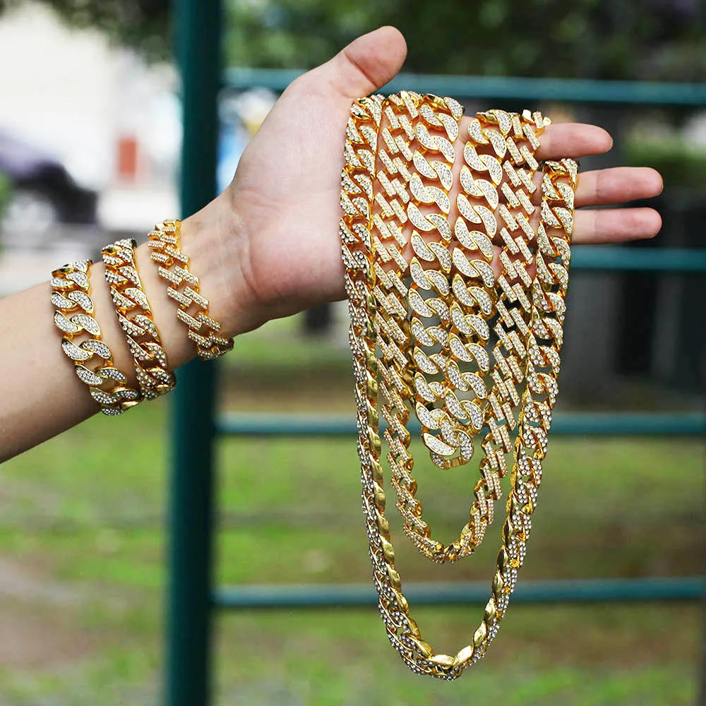 Men Women Hip Hop Jewelry Set Full Cubic Zirconia Choker Necklace Bracelets Miami Cuban Link Chains Iced Out Bling Punk Rapper Accessories
