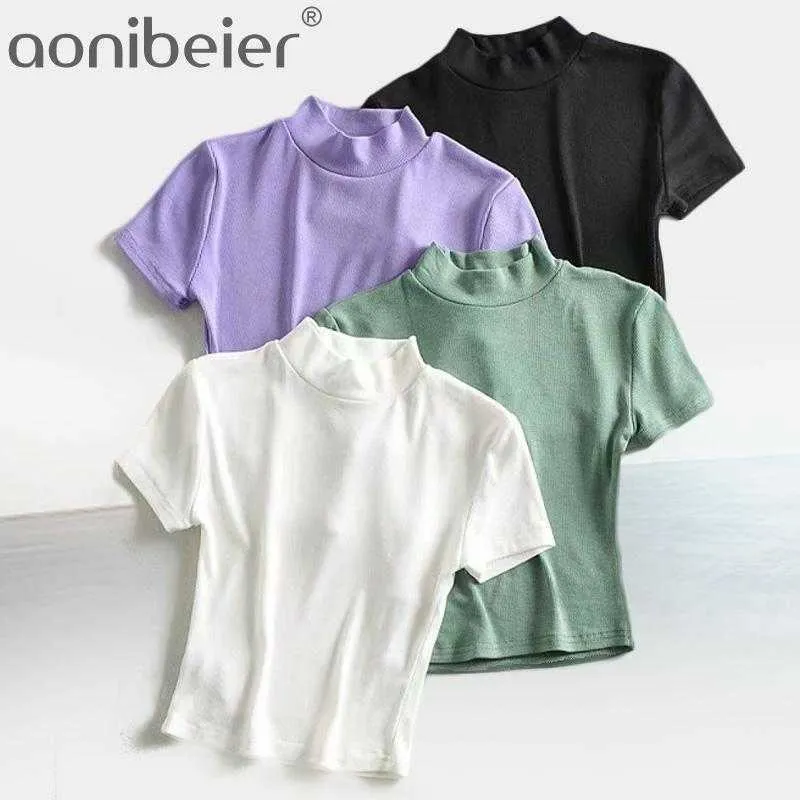 Morandi Style T-shirts For Women Summer Ladies Purple Rib Soft Short Sleeve Slim Tee Shirts 8 Colors 210604
