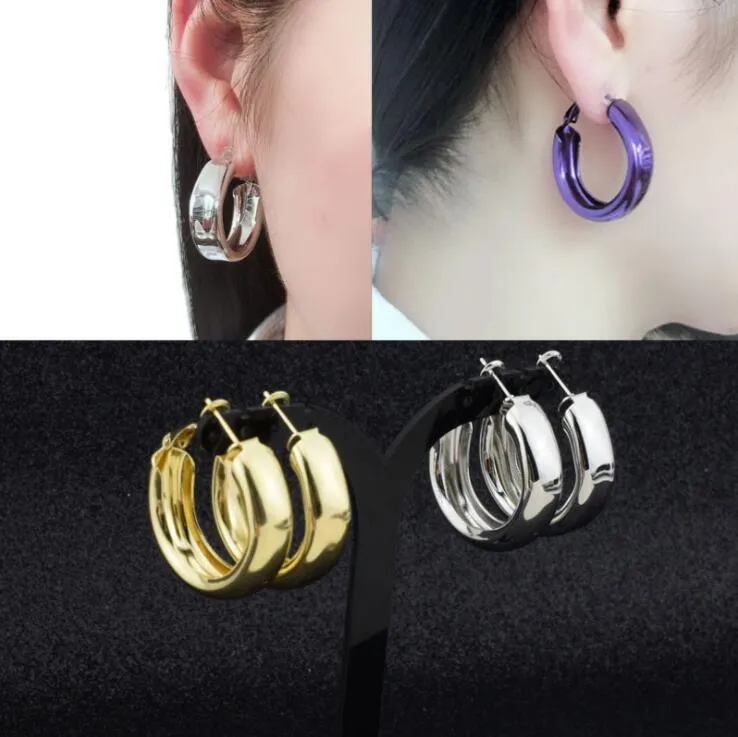 Hoop Huggie Gold/Purple/Silver Color Wide Earring أقراط من الفولاذ المقاوم للصدأ