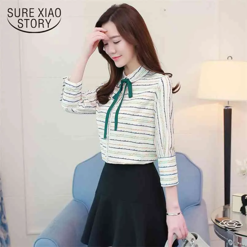 arrived spring blouse women bow shirt green stripe tops female slim long sleeved loose clothing D440 30 210506