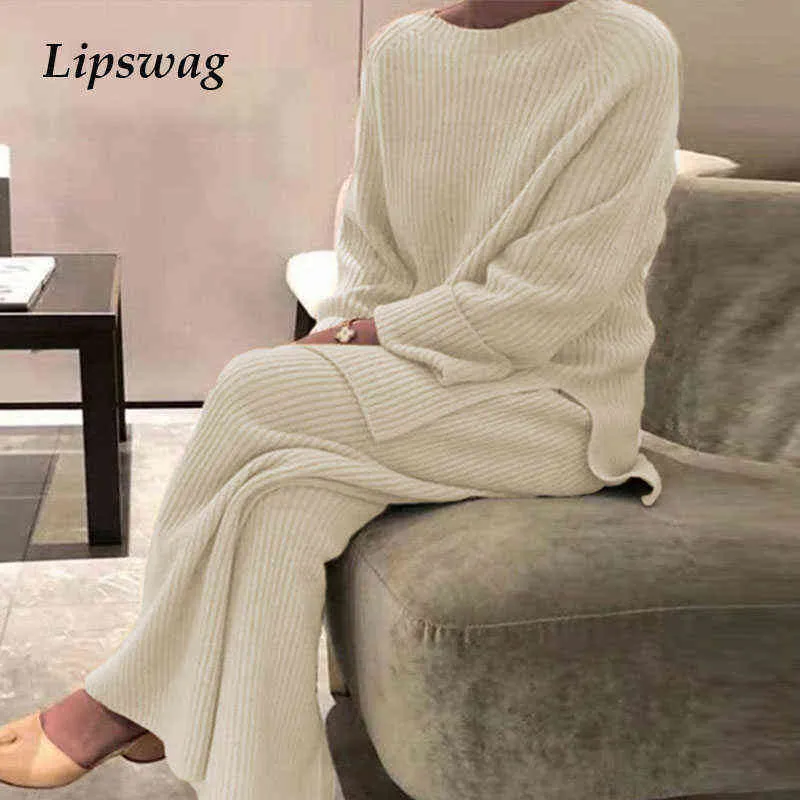 Winter Ladies Elegant Solid Home Suit Women Casual Soft Two Piece Set Fashion O-Neck Pullover Tops + Knit Pants Homewear Pajama Y0625