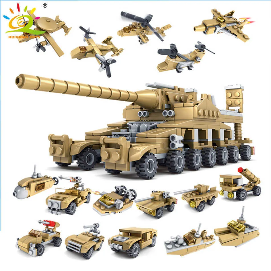 Huiqibao 544 pcs 16 em 1 Armas Militares Super Tanques Building Blocks Conjuntos de Assemblage Tijolos Educativos Brinquedos para Crianças Crianças X0902