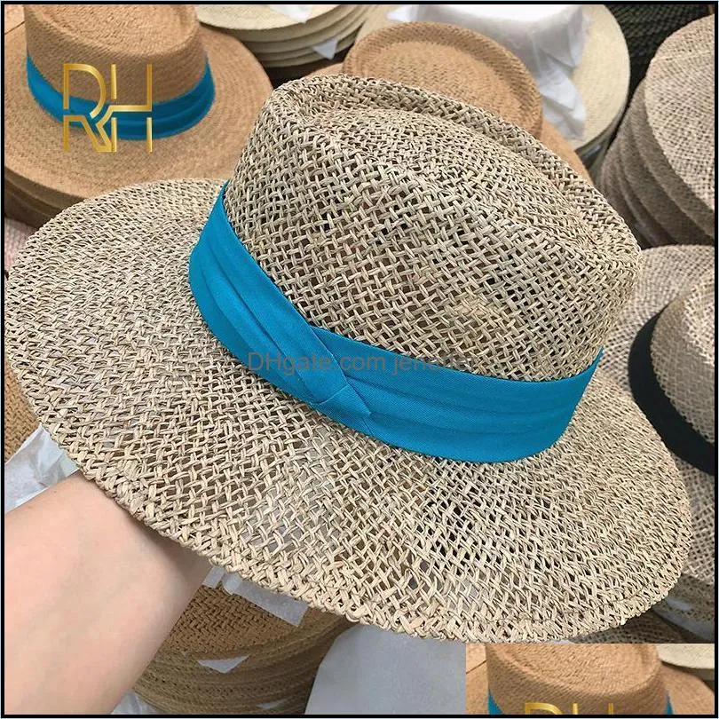 Travel Natural seagrass hollow flat brim hat ladies summer porkpie concave round sun hat beach straw hat with ribbon wholesale Y0910