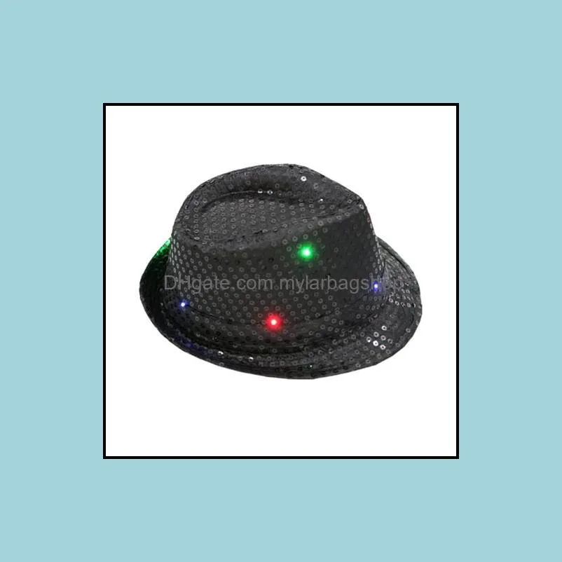 Mens Hot Flashing Light Up Led Fedora Trilby Sequin Fancy Dress Dance Party Hat for Stage Wear