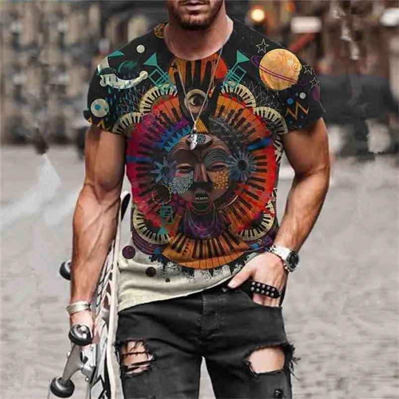 Hommes Vintage surdimensionné à manches courtes t-shirts été mode Harajuku Style ethnique impression 3D O col T-Shirt graphique 210716