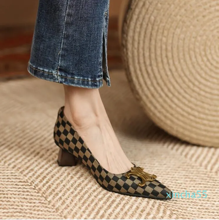 Vintage Plaid Single Shoes Women Sexy Pointed toe Kitten heel Lady Dress Shoes