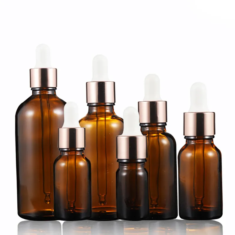 10st / Lot RoseGold Metal Cap Amber Glass Dropperflaska Aromaterapi Flytande serum / Essential Basic Massage Oil Pipette Refillable Liquid Pipet Flaskor