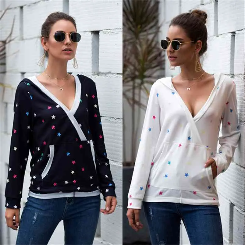 Mode Herfst Hooded Star Gedrukt Sexy Deep V-hals Lange Mouw Hoodies T-shirt Casual Pocket Vrouwelijke Pullovers Vrouwen T-shirt 210517