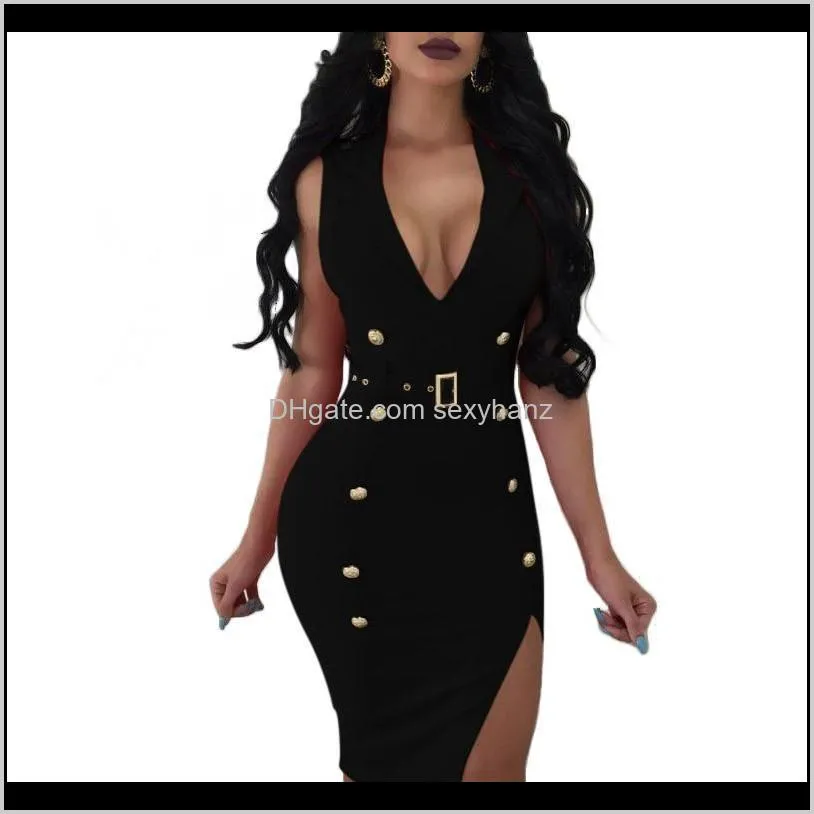 Casual Womens Abbigliamento Abbigliamento Abbigliamento Drop Consegna 2021 Summer Mini Dress V-Neck Stehs Pulsante Vita alta Donne BodyCon Night Club Party Bandage St