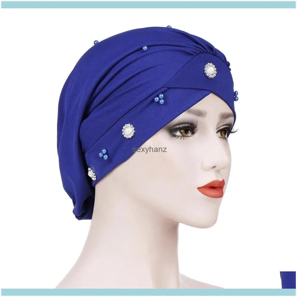 New Women Muslim Beads Cancer Cap Hat Bonnet Turban Headscarf Wrap Cap Hair Loss Elastic Skullies Beanies Arab Cover Fashion