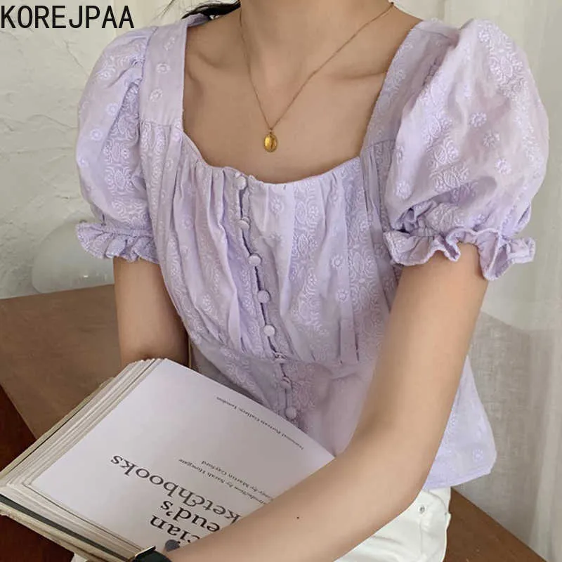 Korejpaa femmes chemise été coréen Chic doux doux col carré dos ouvert broderie simple boutonnage manches bouffantes Blouses 210526