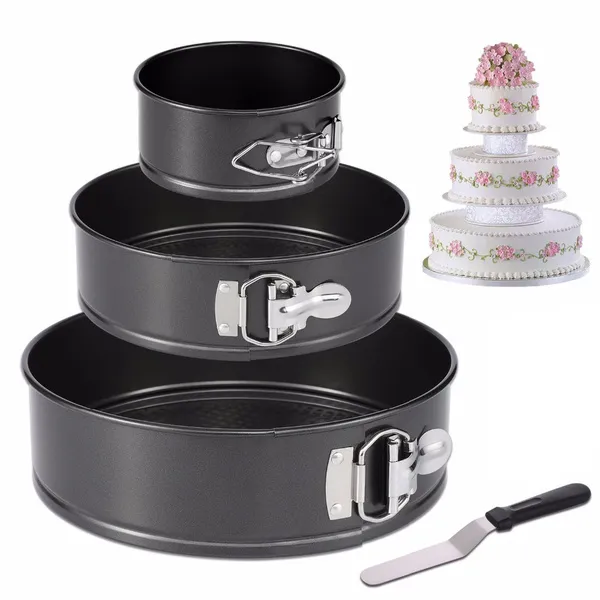 Lot de 3 moules à charnière antiadhésifs pour gâteau au fromage, comprenant un moule à gâteau rond de 10,2 cm, 17,8 cm, 22,9 cm, une spatule à glaçage de 15,2 cm et un lisseur à glaçage