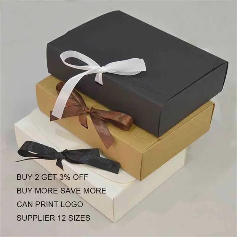 10pcs 고객 선물 상자 크래프트 대형 선물 포장 상자 리본 화이트 선물 포장 상자 골 판지 종이 상자 210402