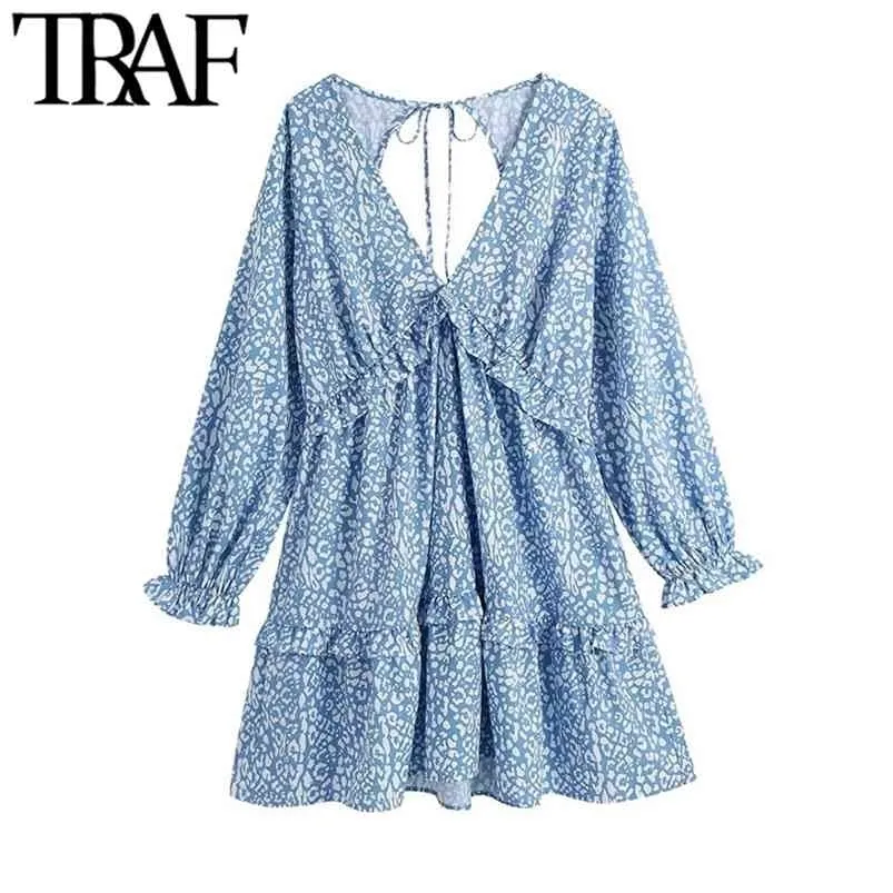 TRAF femmes Chic mode imprimé Animal à volants Mini robe Vintage dos nu nœud attaché côté fermeture éclair femmes robes Vestidos 210730