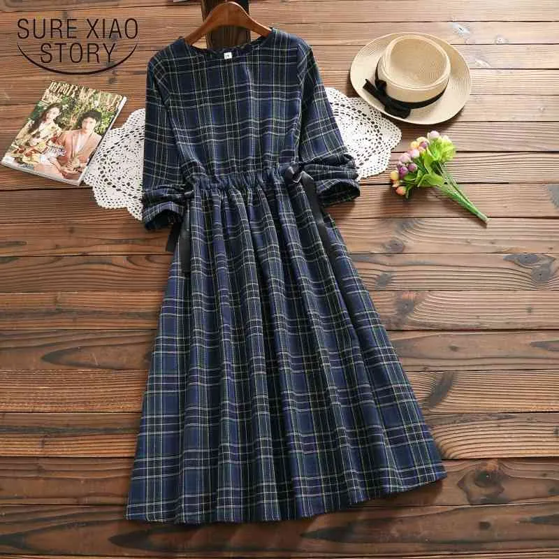 Vintage robe à carreaux à manches longues Style japonais doux fille coton élégant femme Vestidos décontracté ample 7630 50 210508