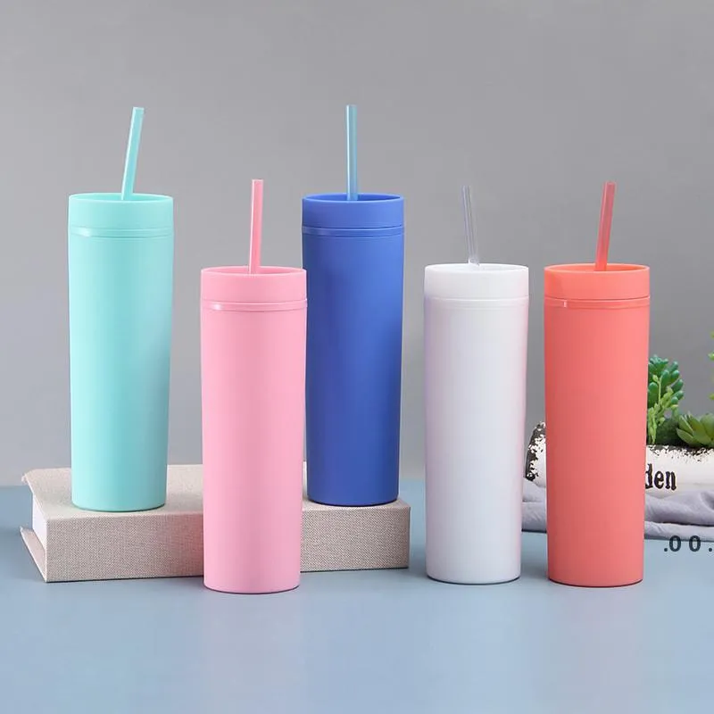 18 färger akryl skinny tumbler 16oz matt raka tumblers dubbel vägg som plast smal juice kopp med tätning lock rra10049