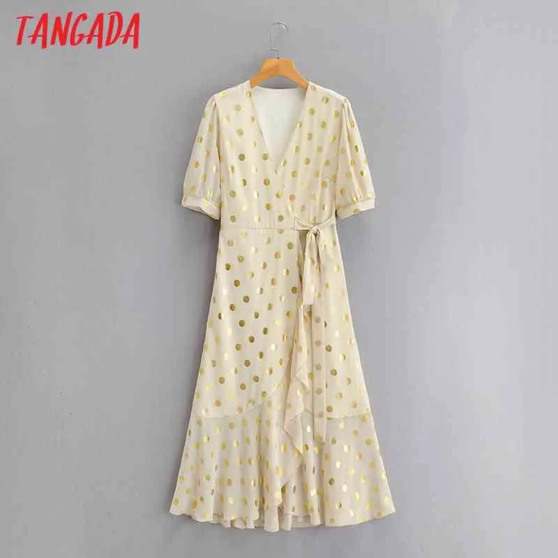 Moda mujer puntos estampado elegante Maxi manga corta High Street señoras arco vestido largo 1F144 210416