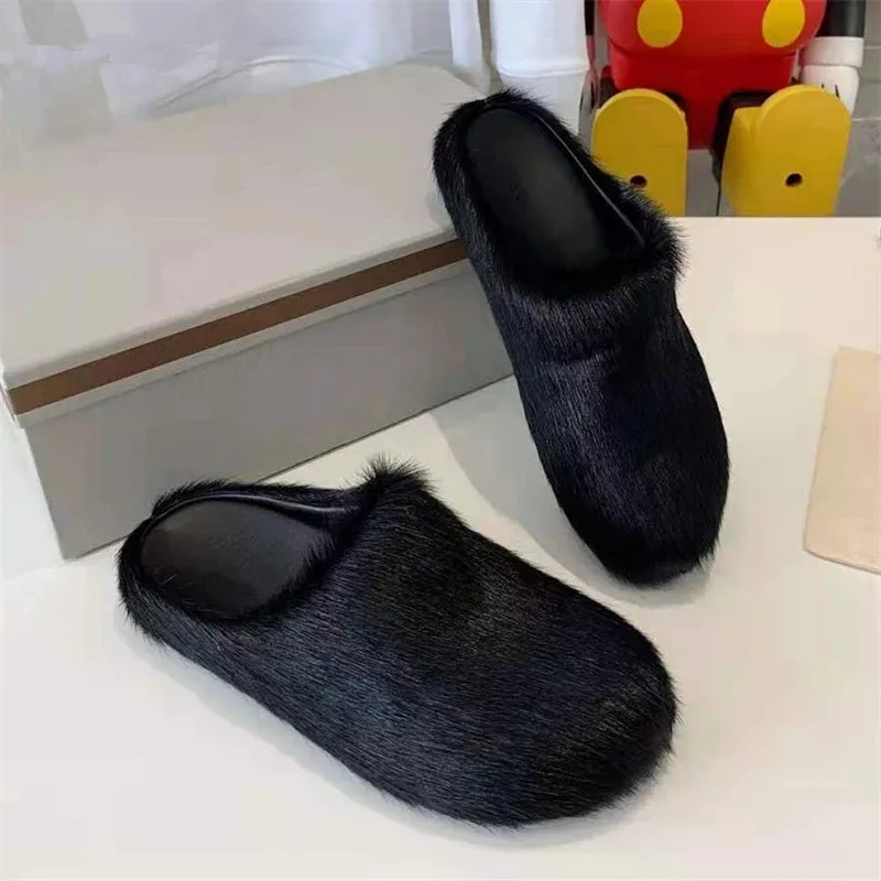 Luxury Fur Slippers Women Round Toe Horse Hair Slides Female Black Rose Red Green Mules Shoes Flat Half Slipper Woman