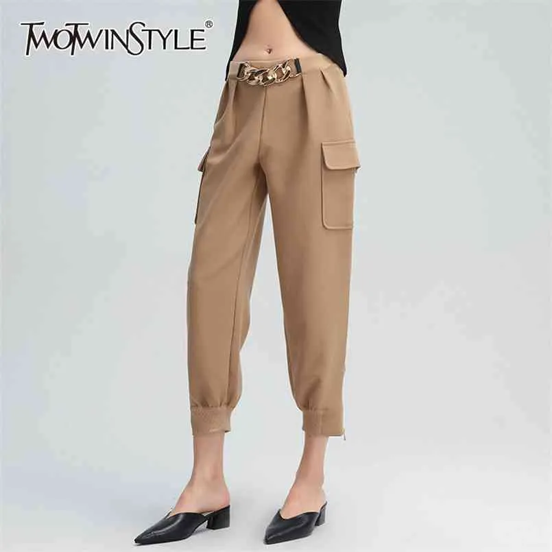 Khaki Cargo Pants For Women High Waist Patchwork Chain Casual Straight Trousers Female Fashion Clothing 210521