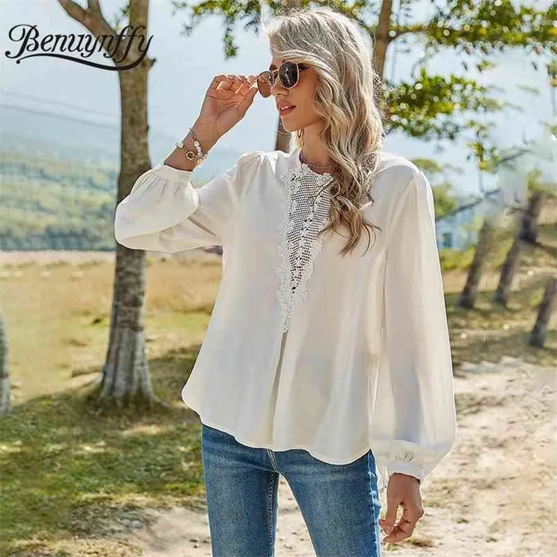 O-pescoço oco out lace patchwork keyhole back bluses tops primavera mulheres manga comprida elegante blusa branca 210510