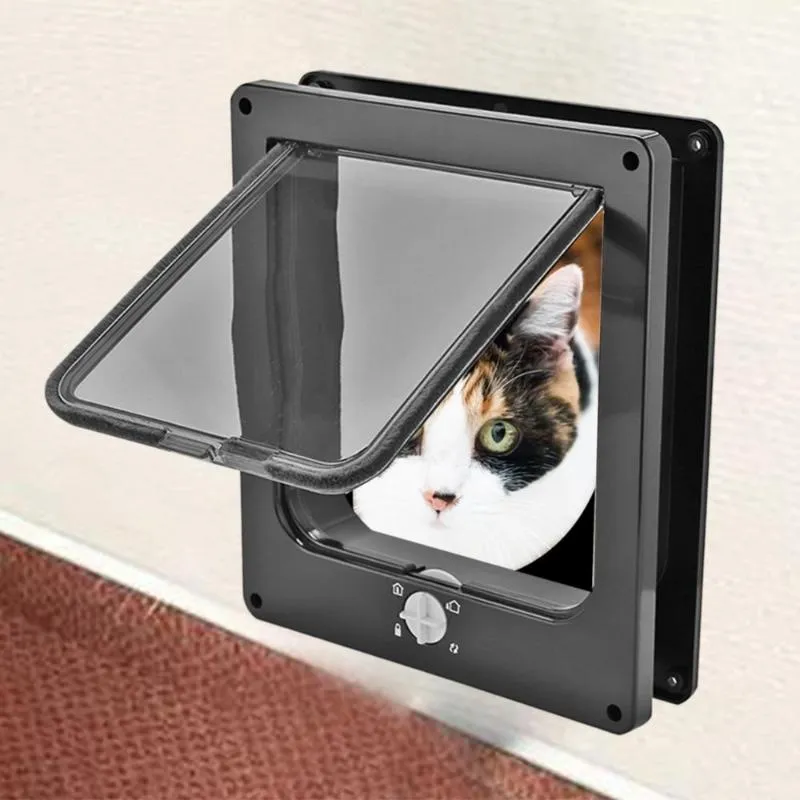 Abbigliamento per cani Sportello di sicurezza per porta con serratura a 4 vie per gattino in plastica ABS S/M/L Forniture per cancelli per animali domestici di piccola taglia
