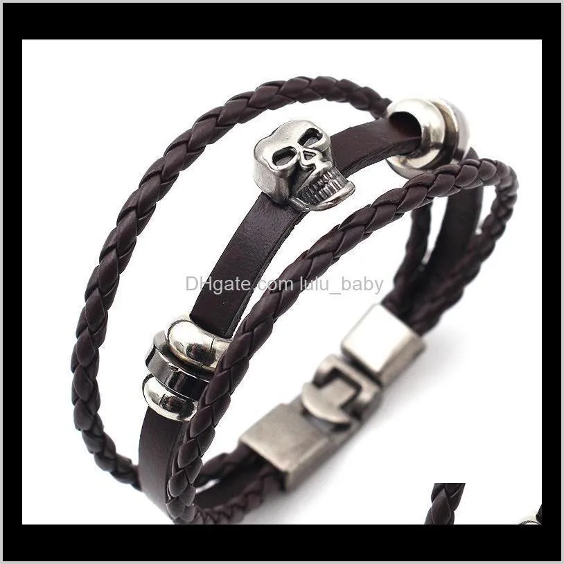 vintage bracelets men fashion black leather skeleton skull charm bracelets bangles jewelry male multilayer hand rope pulseira d