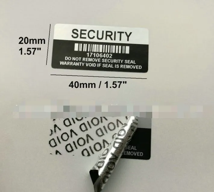 2021 500 Cor de prata Void Security Labels removido adesivo de gravação de garantia evidente com número de série e código de barras
