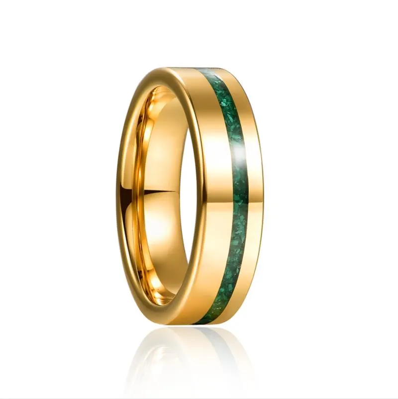 Wedding Rings 6mm Gold Color Polished Inlaid Malachite Tungsten Steel Ring For Men Groove Carbon Engagement