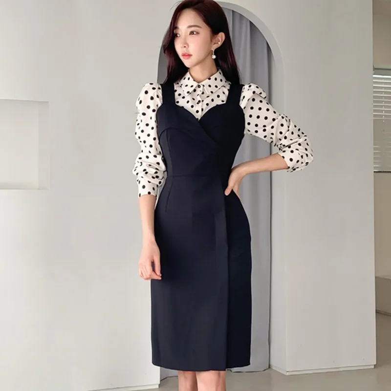 Spring Women 2 Piece Set Dress Fashion Office Ladies White Dot Shirt Tops + Black Halter Bodycon Pencil Dress Set 210518