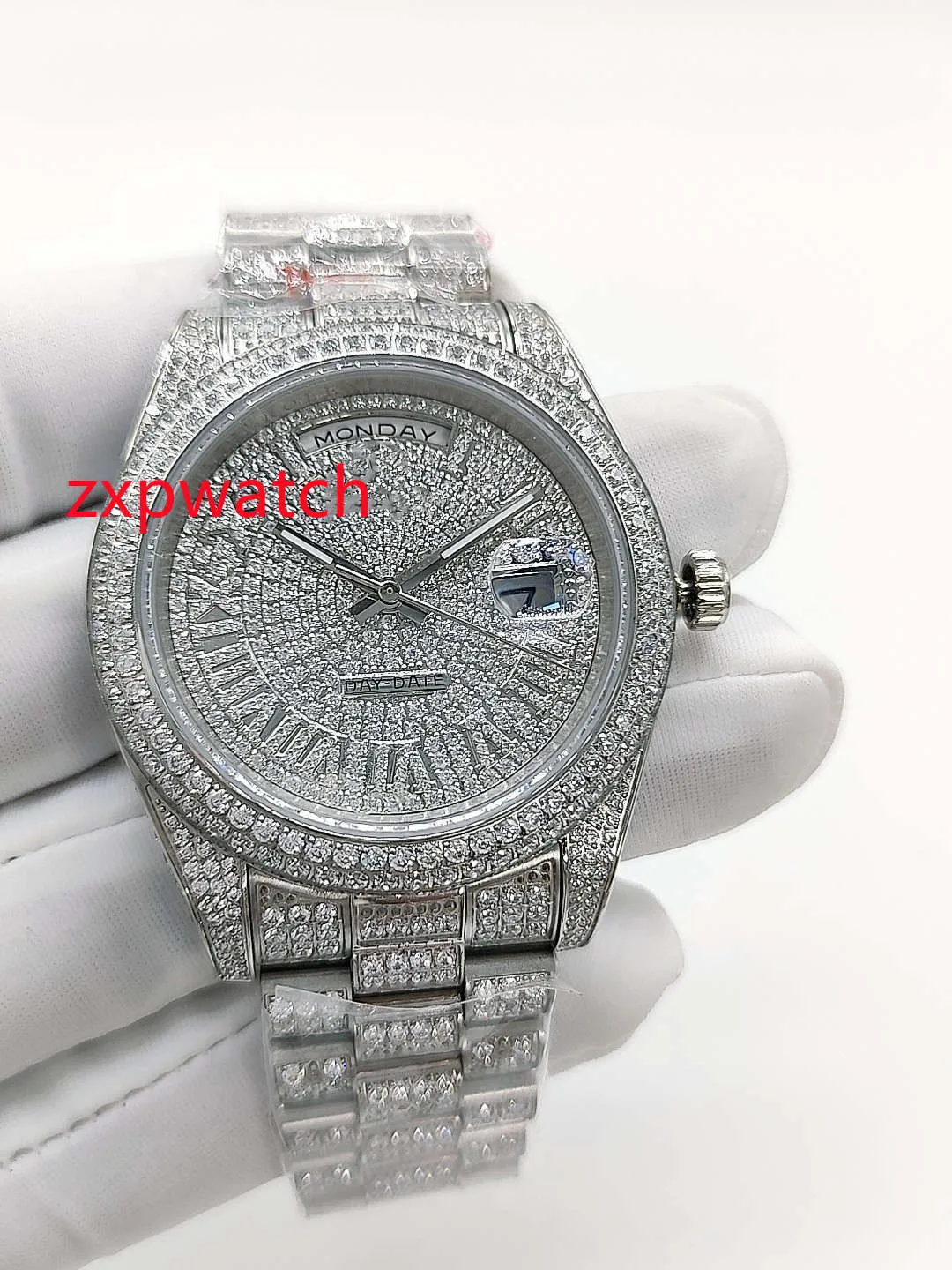 Kvalitet Full Diamond Watches 904 Silver Rostfritt stålklocka Diamanter ringer med Diamond Strap Automatic Mens Wristwatch 40mm285C