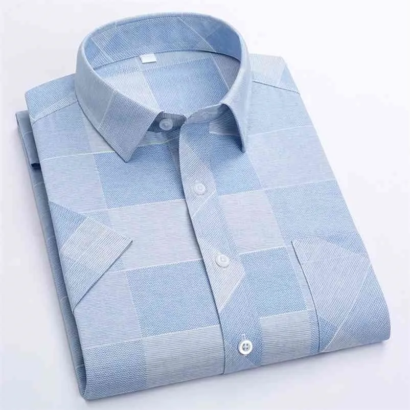 Summer Shirt Mężczyźni Krótki Rękaw Collar Collar Regular Fit Pocket Button Moda Plaid Drukuj Kolor 50% Bawełny Koszule Casual 210708