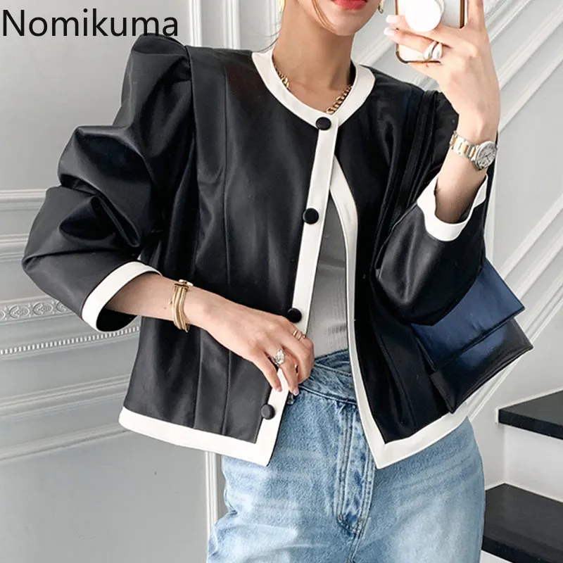 Nomikuma Coréen Hit Couleur Patchwork PU Femme Veste Causal Puff Sleeve Manteau Printemps Nouveau Simple Breated O-cou Outwear 6F786 210427