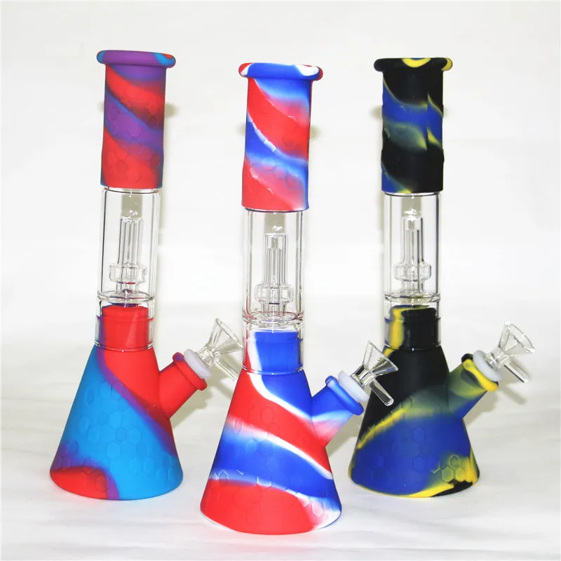 Silicone Bong FDA fumer narguilé 11 pouces base de bécher mélange coloré toutes les couleurs eau Shisha verre cendrier nectar