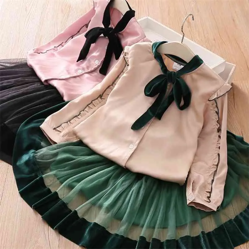 Spring Autumn 3-10 Years Baby Princess Bow Long Sleeve Blouse Shirt+ Skirt 2 Pieces School Kids Girls Dance Clothing Sets 210625